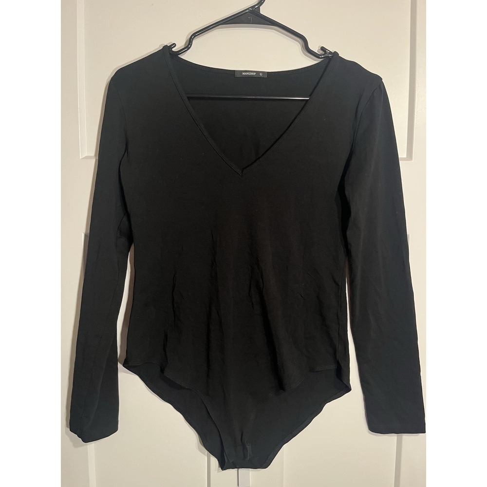 MANGDIUP Black Long Sleeve Bodysuit Womens Large L Deep V-Neck Solid Stretch
